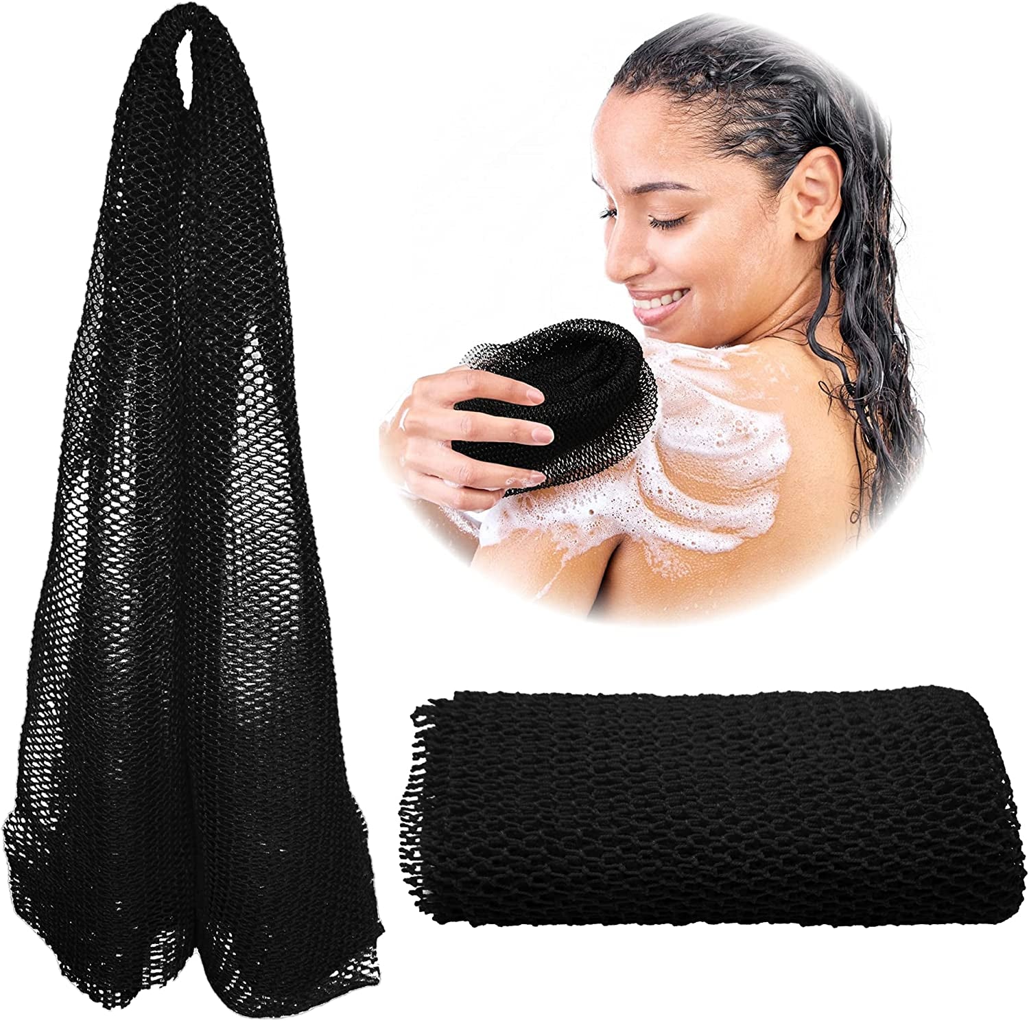 African Net Sponge, Authentic, Real, Black Owned, Exfoliating Bath Wash Cloth, Long Sponge, Body Exfoliator, Sapo, Shower Bath Accessories, Back Foot Scalp Scrub, Flat Dead Skin Remover (Black)