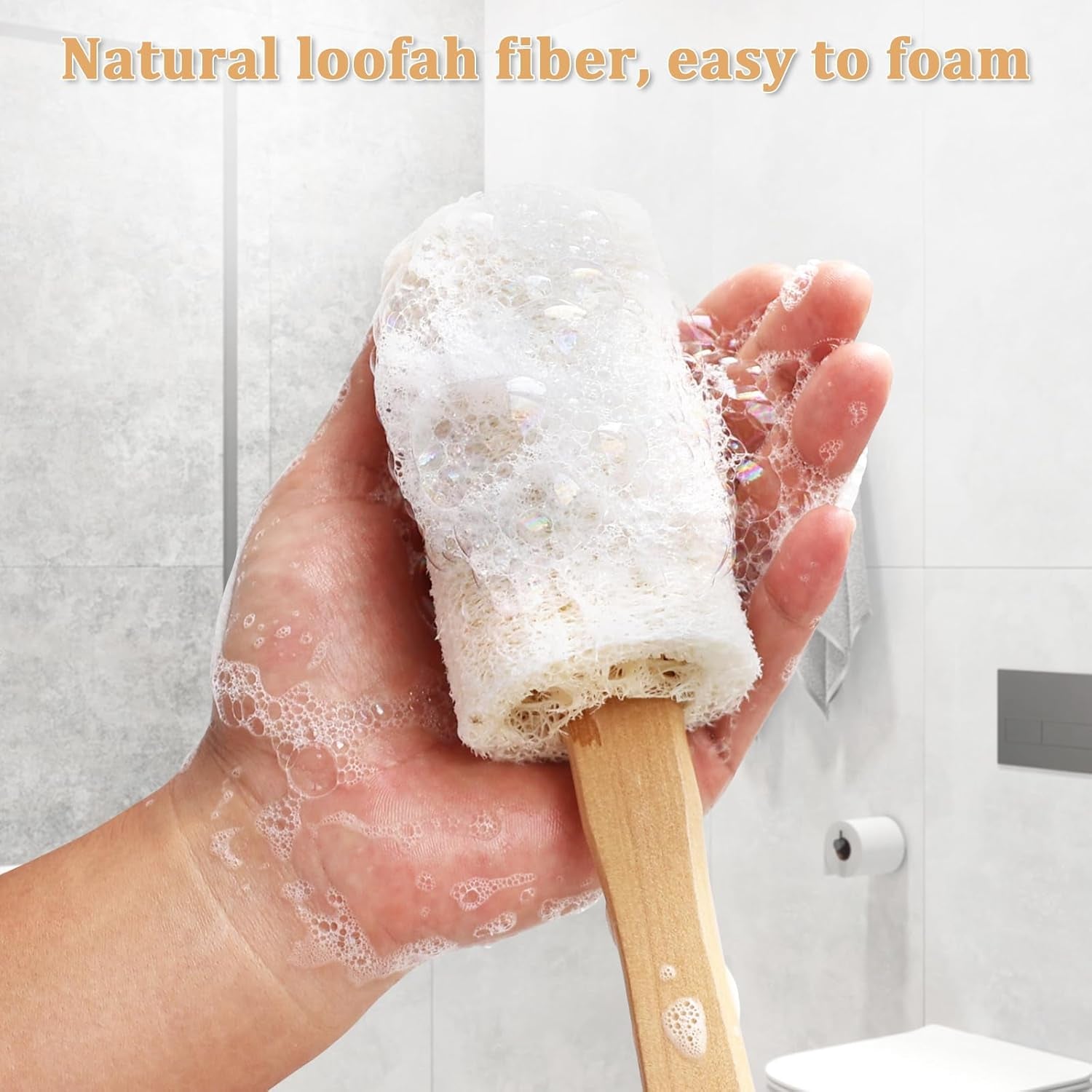 Natural Loofah Back Scrubber Exfoliating Luffa Loofa Bath Brush on a Stick, 15.75'' Wooden Handle Loofah Tubular Sponge Back Brush for Men & Women, Bath Spa Shower Sponge Body Back Scrubber Pack of 1