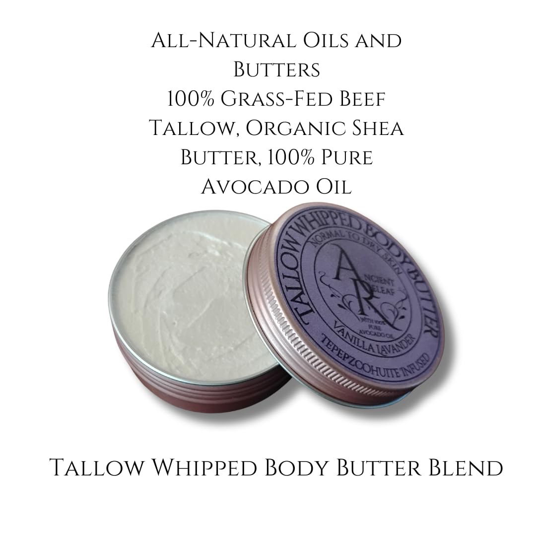 Tallow Blend Whipped Body Butter with Tepezcohuite,  Body Butter, Normal to Dry; Soothing, Nourishing, Refreshing, Moisturizing. 2 Oz. Tin Vanilla Lavender