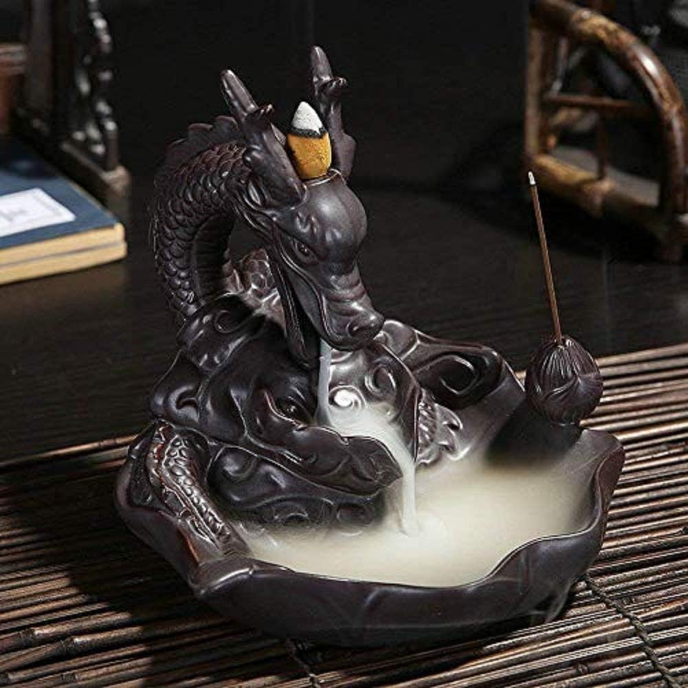 Ceramic Dragon Backflow Incense Burner, Home Decorate Waterfall Backflow Incense Burner Holder with 20Pcs Backflow Incense Cones