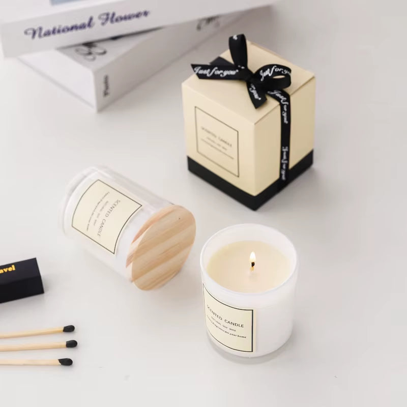 New White Glass with Wooden Lid Scented Candle Ribbon Gift Box Candle Smokeless Aromatic Soybean Candles Aromatherapy Candle