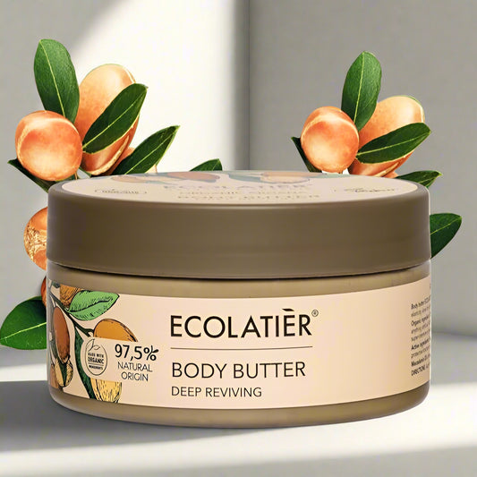 Body Butter with Organic Argan Oil – Deep Reviving, Ultra-Hydrating Whipped Moisturizer for Women & Men, Non-Greasy, Gentle on Dry Skin, 97% Natural Ingredients, 6.7 Fl Oz