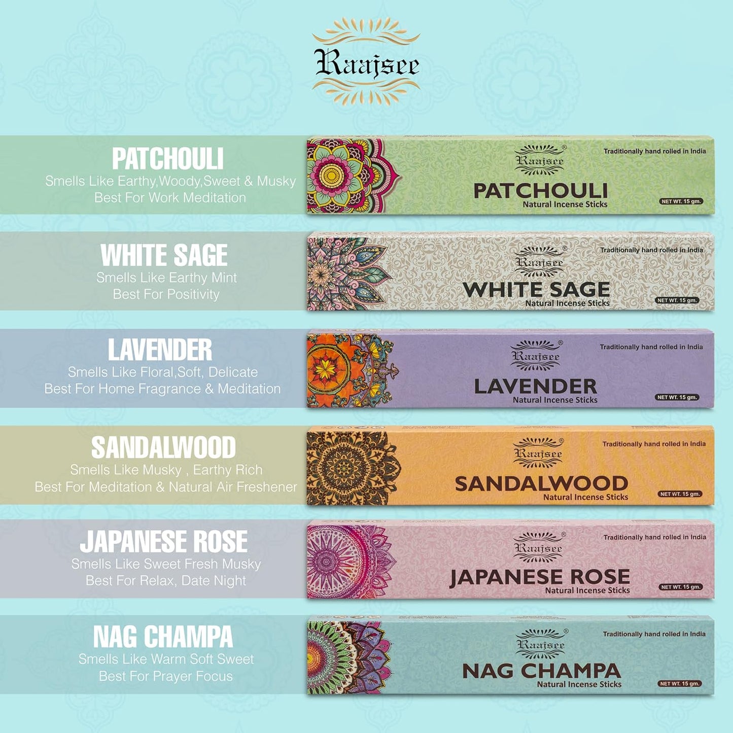 Natural Incense Sticks-100% Organic Hand Rolled 6 Pack15Gm Each Insencents Sticks- Free from Chemicals & Charcol-No Black Smoke Joss Sticks