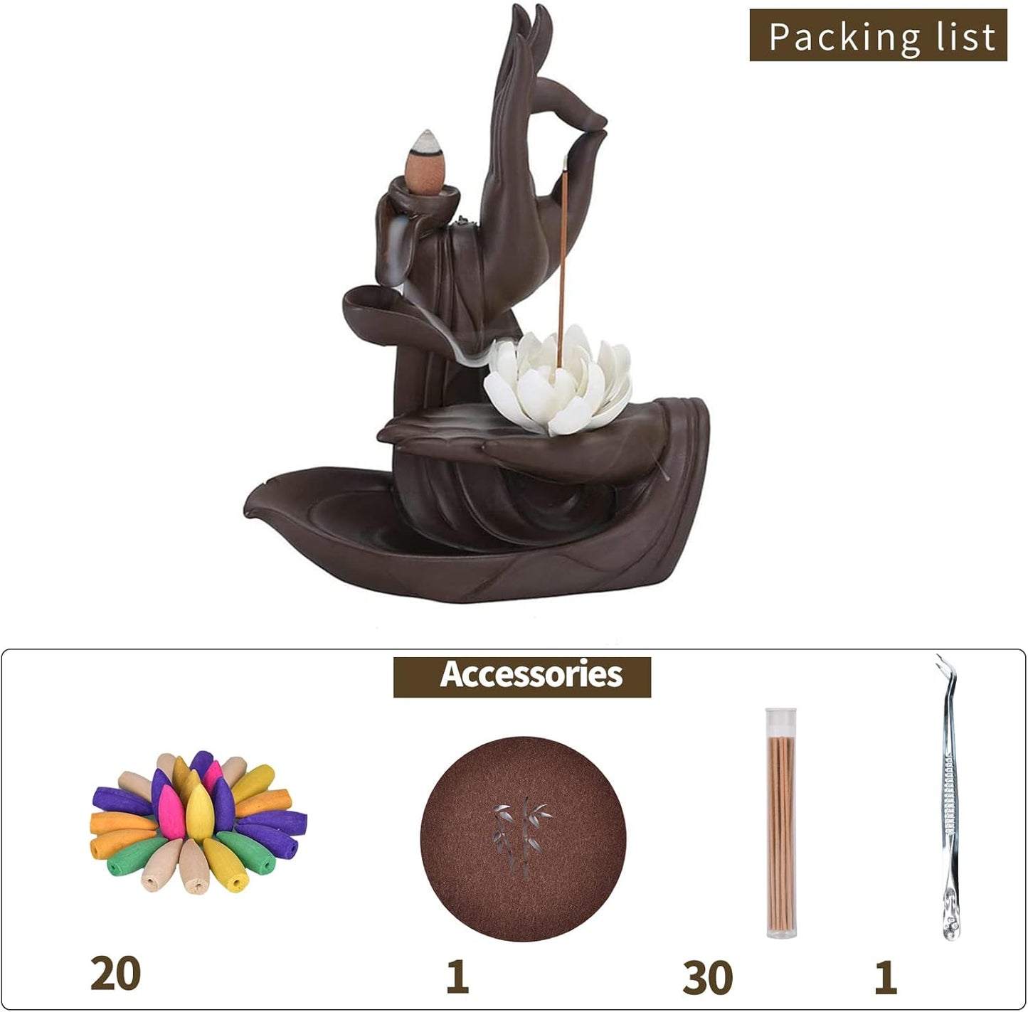 Handmade Backflow Incense Burner Lotus/Monk Backflow Incense Holder Incense Cone Sticks Holder with 20Pcs Backflow Incense Cones Home Decor (Lotus)