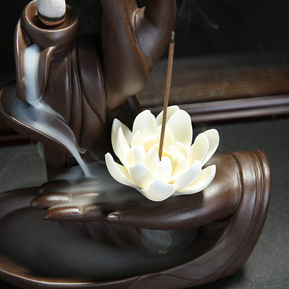 Handmade Backflow Incense Burner Lotus/Monk Backflow Incense Holder Incense Cone Sticks Holder with 20Pcs Backflow Incense Cones Home Decor (Lotus)