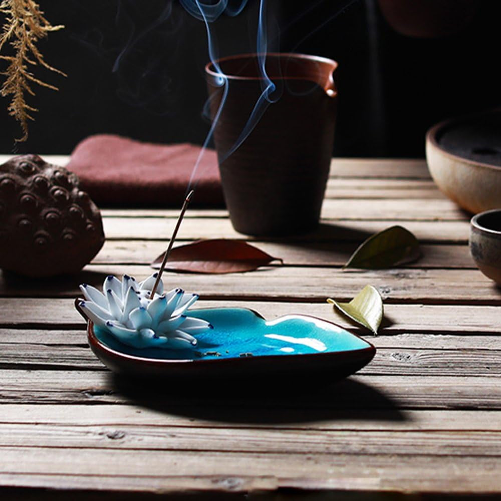 Incense Stick Holder Censer Ceramic Handmade Artistic Burner Stick Coil Lotus Porcelain Decorative Flower Incense Cone Ash Catcher Tray Handmade